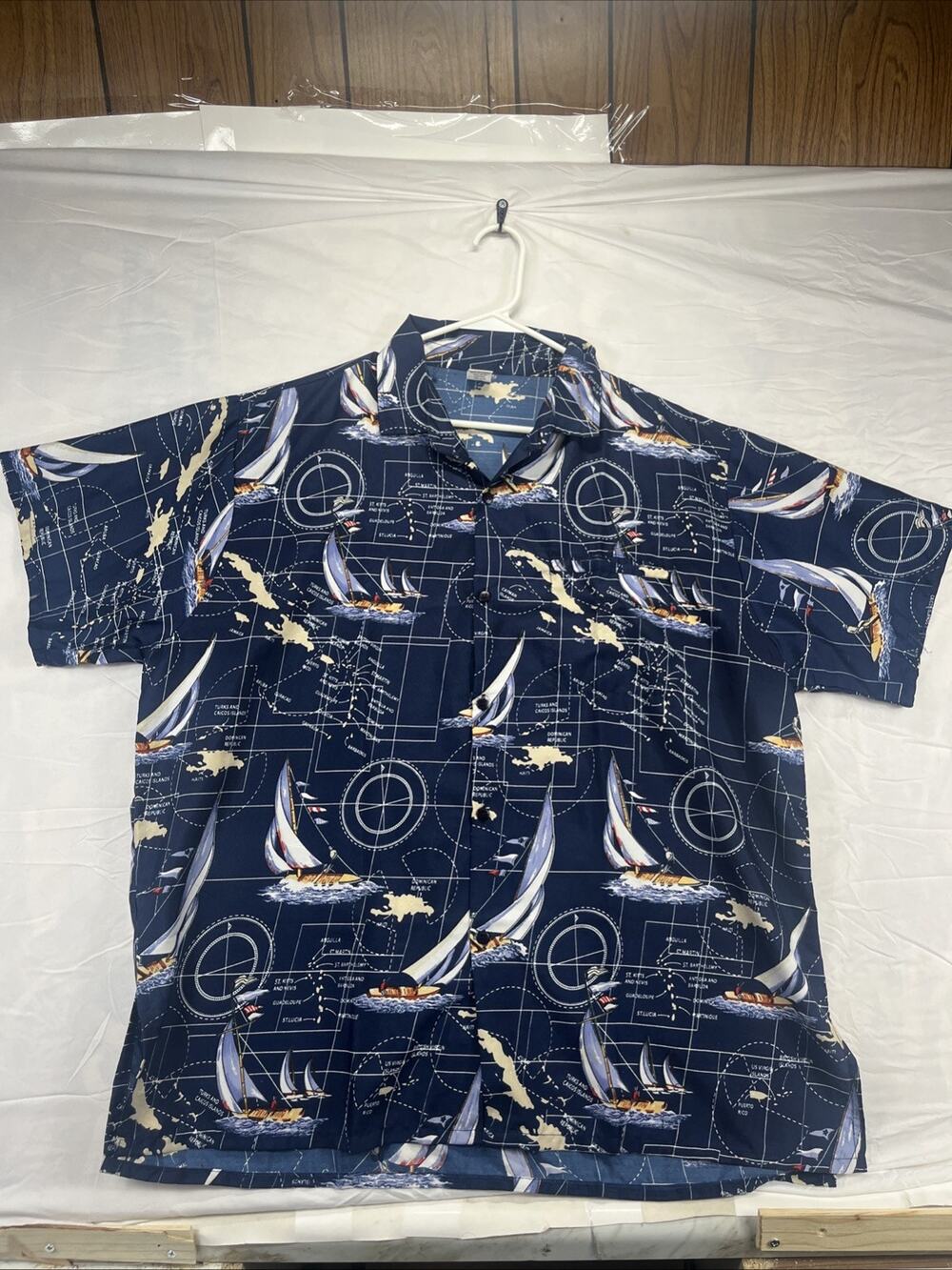 Ocean Blue Apparel MEN'S BLUE SAILBOAT BUTTON UP HAWAIIAN SHIRT SIZE XL